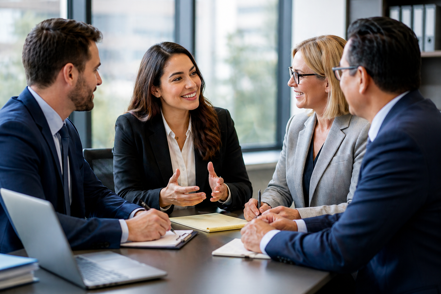 Spanish interpreter assisting legal meeting with clients and attorneys