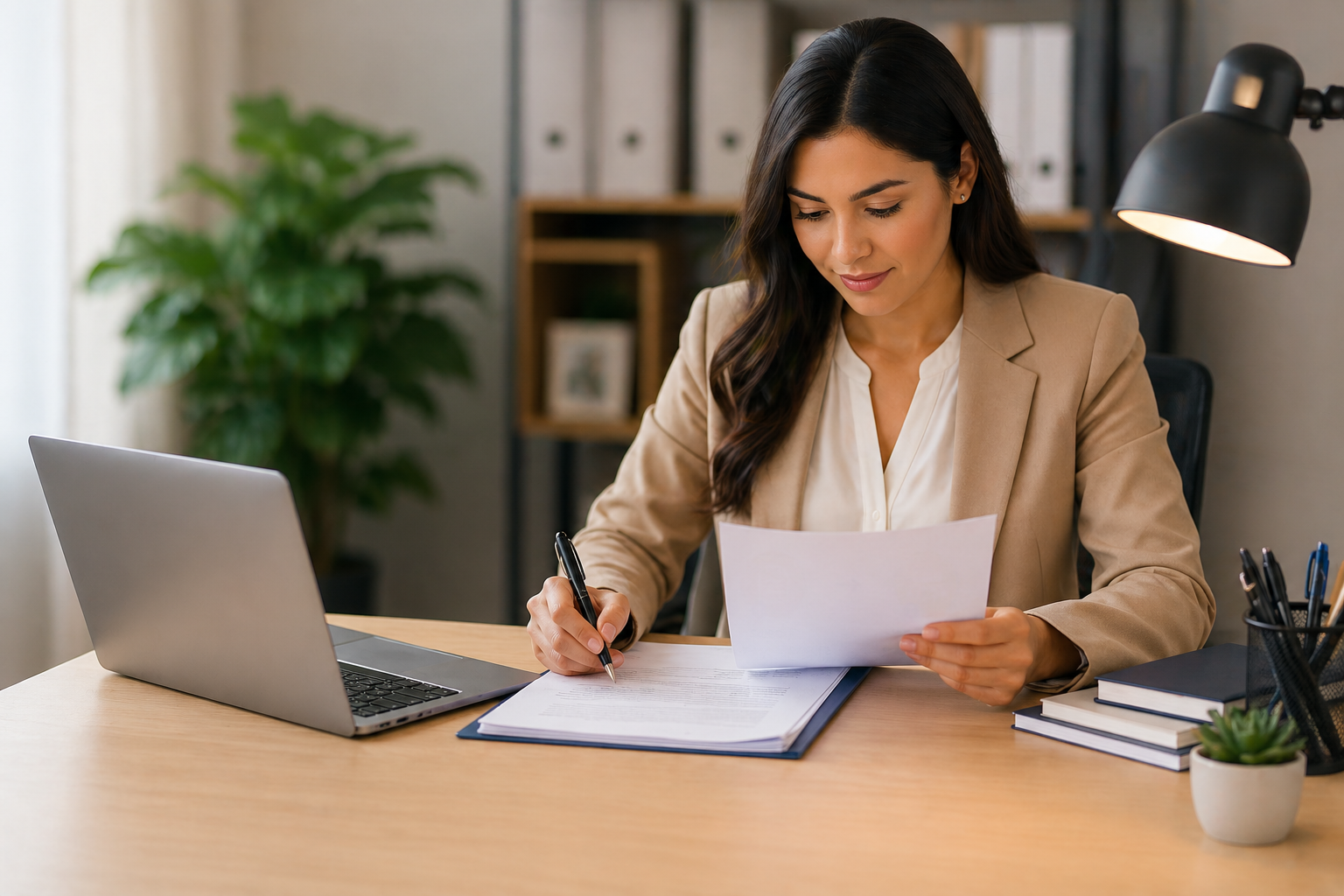 Spanish translator reviewing and translating documents in an office setting
