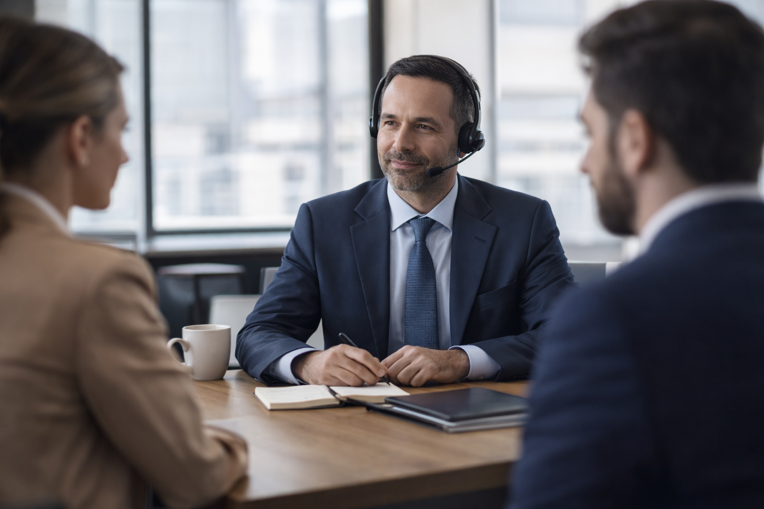 Spanish deposition interpreter assisting attorneys during a legal meeting