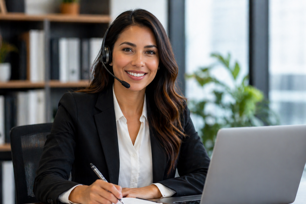 Spanish legal interpreter providing remote interpretation services via video call