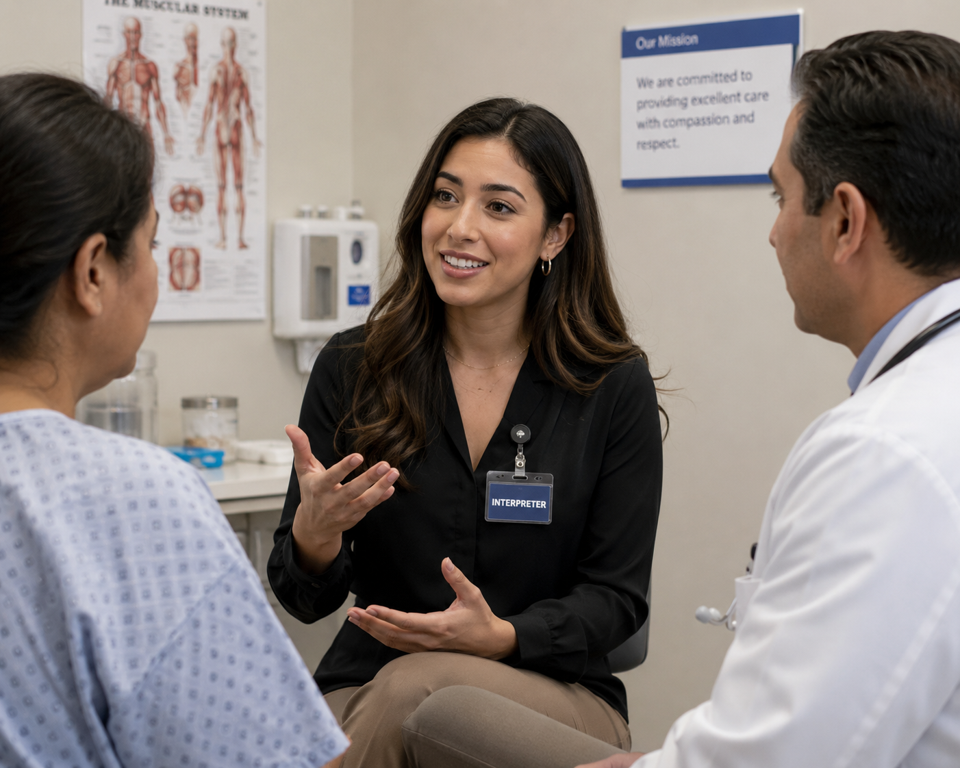 Professional interpreter assisting doctor and patient during a medical appointment