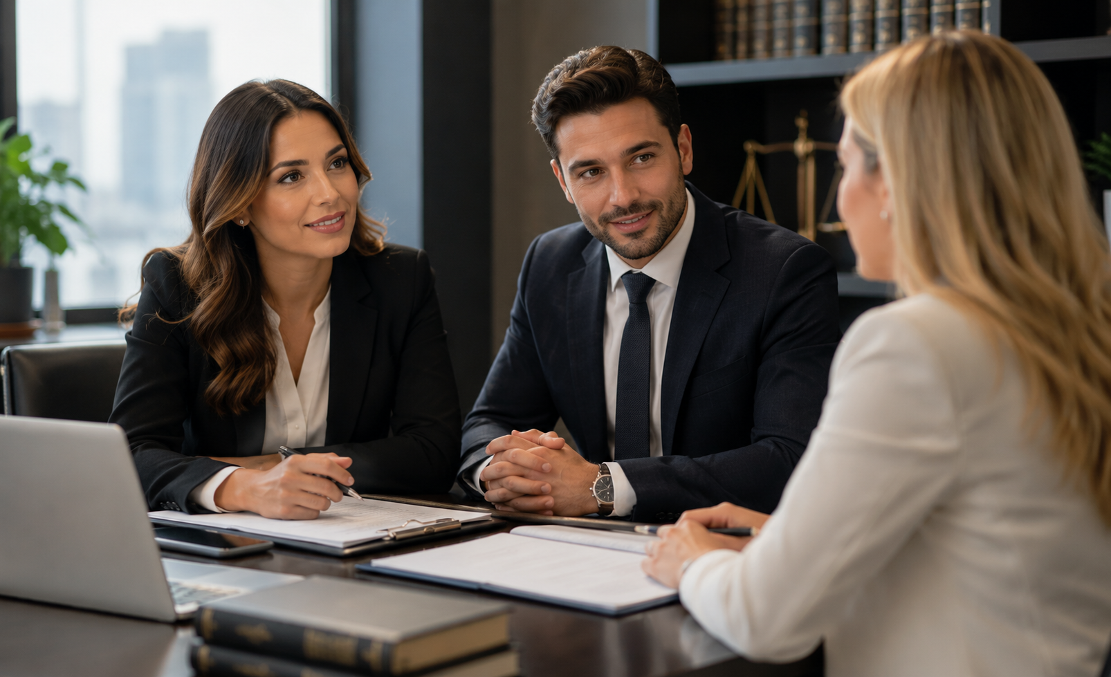 Professional interpreter assisting clients during a legal consultation in a modern office setting
